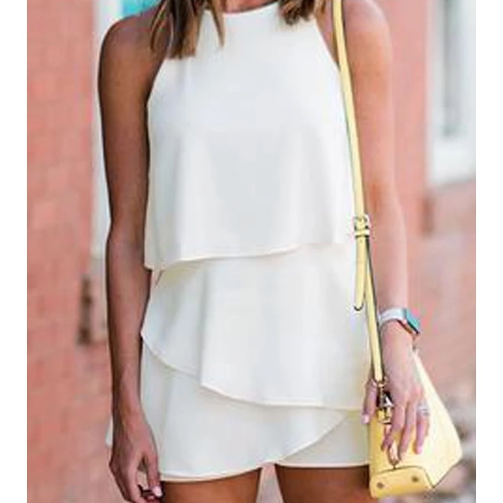 White High Neck Tiered Ruffle Romper